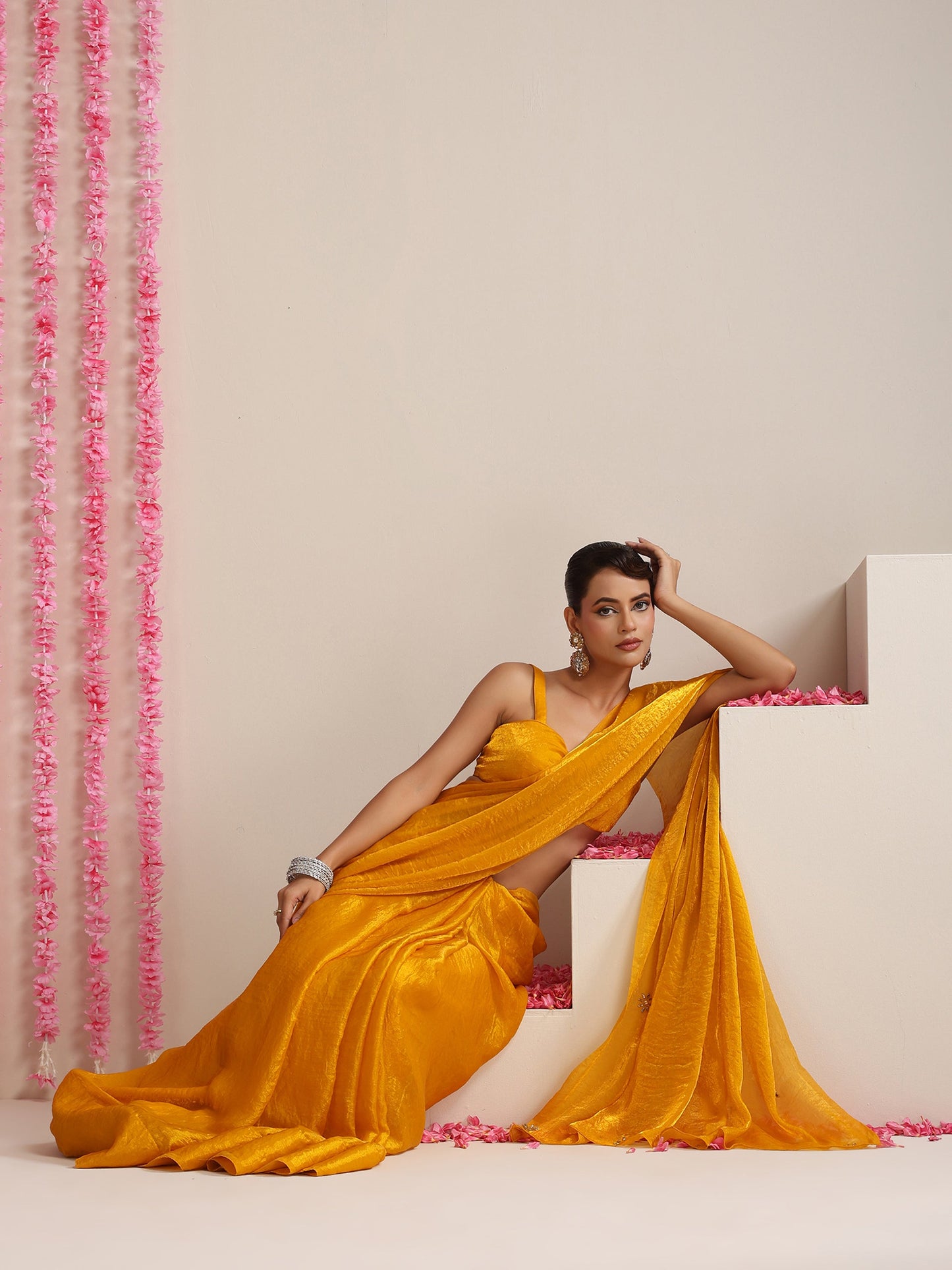 Dhiyona ST Yellow Metallic Satin Saree with Kundan Work