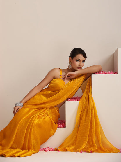 Dhiyona ST Yellow Metallic Satin Saree with Kundan Work
