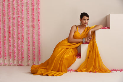Dhiyona ST Yellow Metallic Satin Saree with Kundan Work