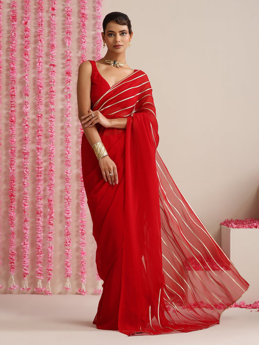 Dhiyona ST Red and Gold Triangle Impression Georgette Saree with Blouse Fabric
