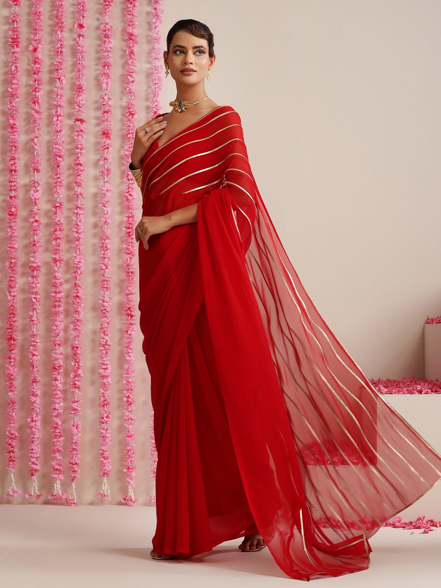 Dhiyona ST Red and Gold Triangle Impression Georgette Saree with Blouse Fabric