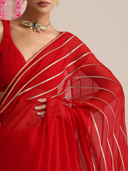 Dhiyona ST Red and Gold Triangle Impression Georgette Saree with Blouse Fabric
