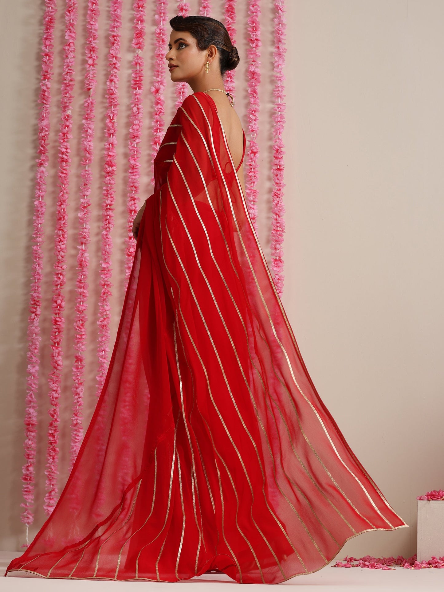 Dhiyona ST Red and Gold Triangle Impression Georgette Saree with Blouse Fabric