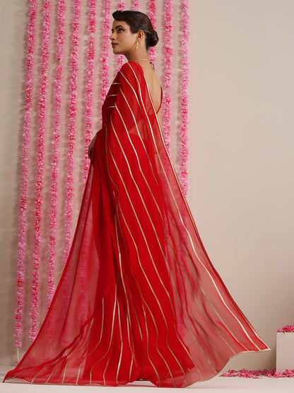 Dhiyona ST Red and Gold Triangle Impression Georgette Saree with Blouse Fabric