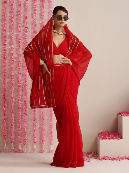 Dhiyona ST Red and Gold Triangle Impression Georgette Saree with Blouse Fabric