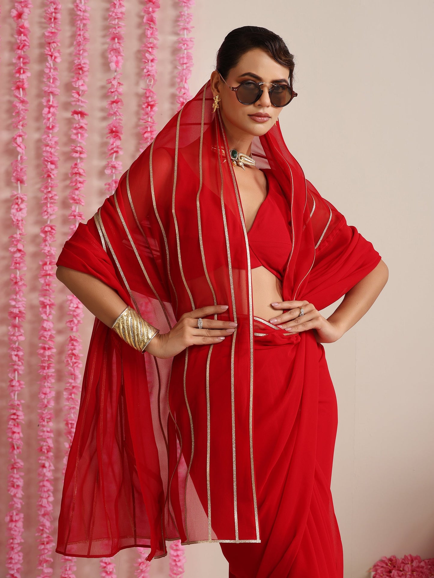 Dhiyona ST Red and Gold Triangle Impression Georgette Saree with Blouse Fabric