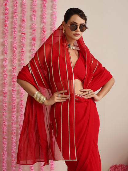 Dhiyona ST Red and Gold Triangle Impression Georgette Saree with Blouse Fabric