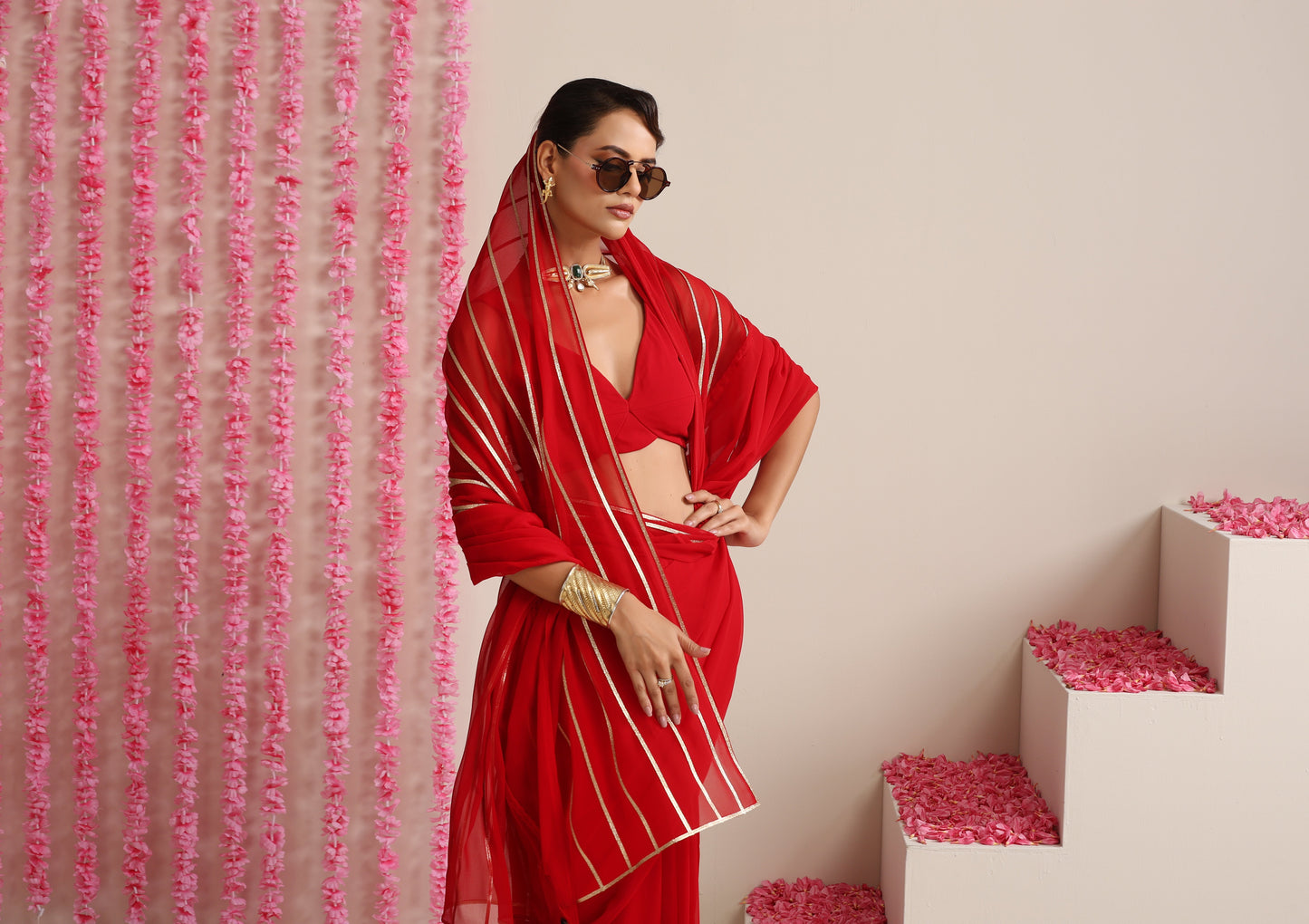 Dhiyona ST Red and Gold Triangle Impression Georgette Saree with Blouse Fabric