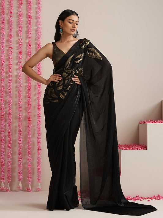 Dhiyona ST Black Metallic Satin Saree with Gold Embroidery and Self Blouse Fabric