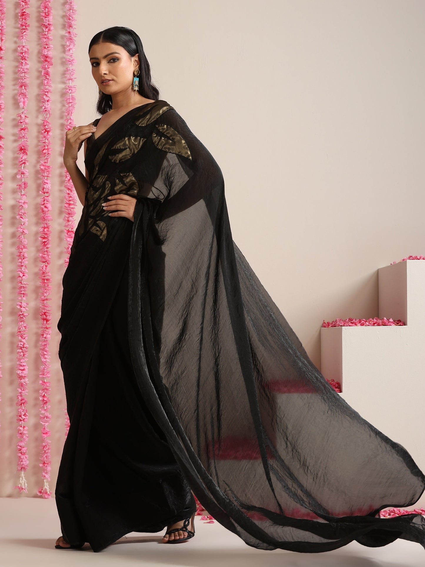 Dhiyona ST Black Metallic Satin Saree with Gold Embroidery and Self Blouse Fabric