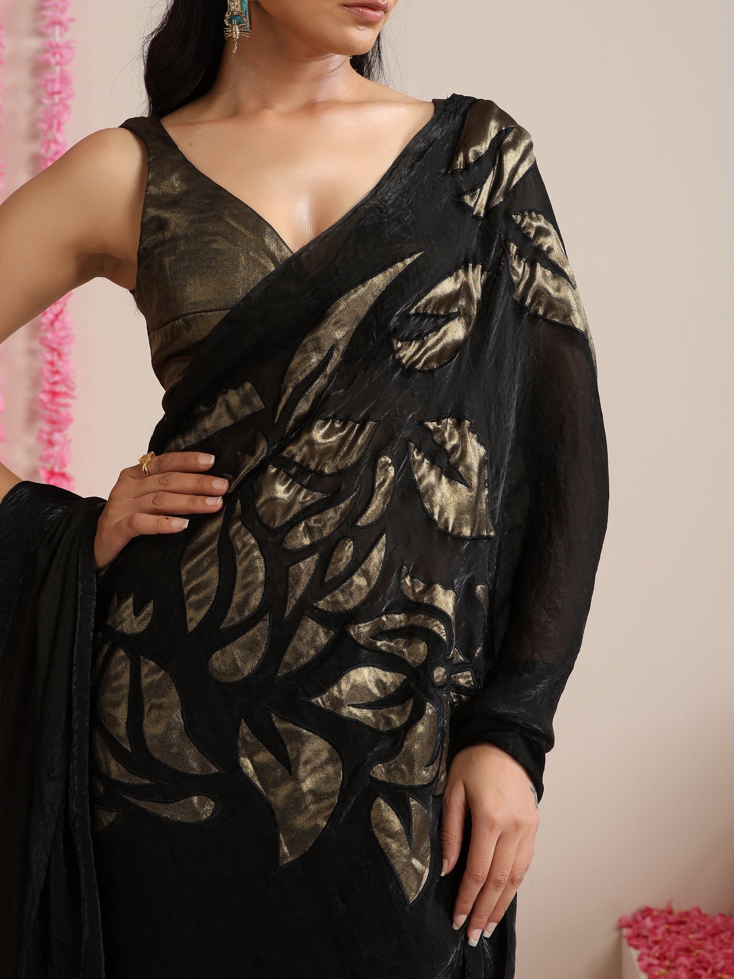 Dhiyona ST Black Metallic Satin Saree with Gold Embroidery and Self Blouse Fabric
