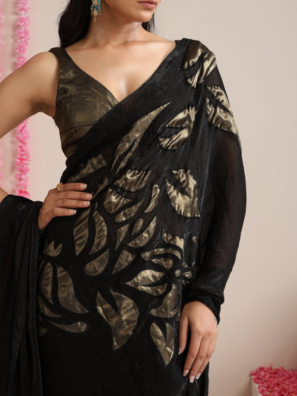 Dhiyona ST Black Metallic Satin Saree with Gold Embroidery and Self Blouse Fabric