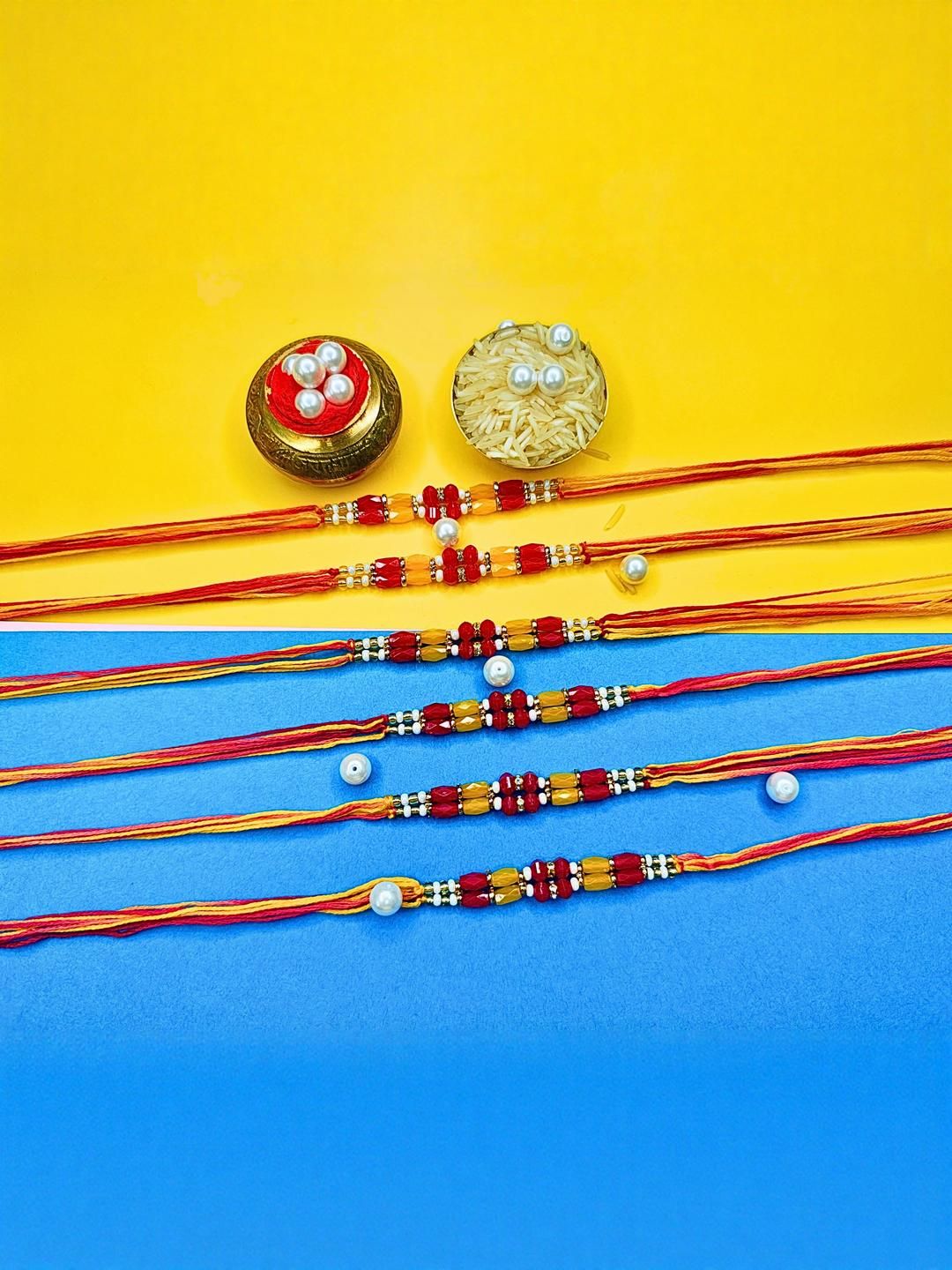 Dhiyona Set Of 6 Beaded Cotton Thread with AD Stones & Meenakari Designer Rakhi for Brother