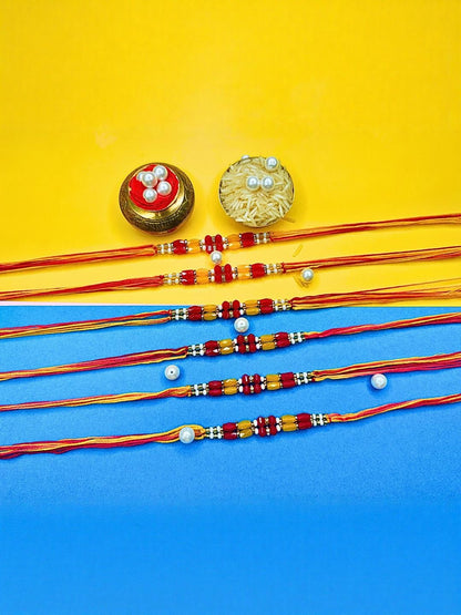 Dhiyona Set Of 6 Beaded Cotton Thread with AD Stones & Meenakari Designer Rakhi for Brother