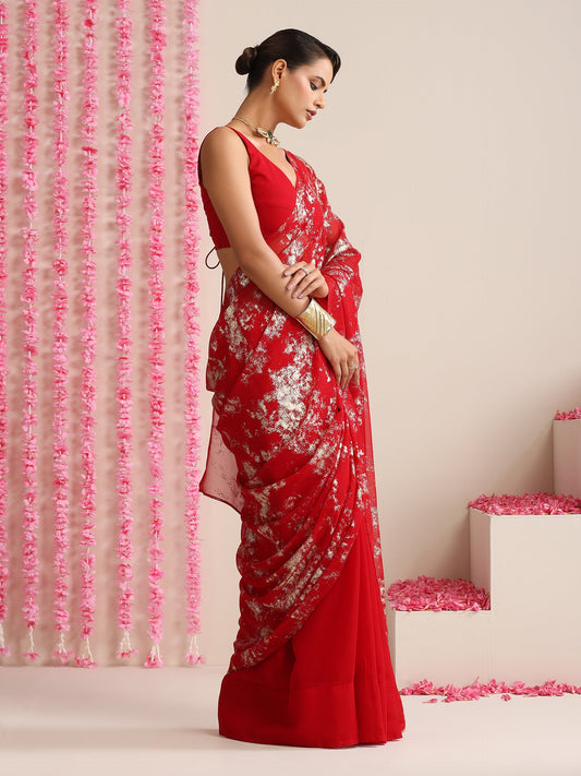 Dhiyona ST Red Georgette Saree with Gold Print & Blouse Fabric