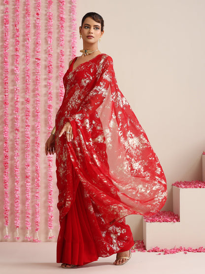 Dhiyona ST Red Georgette Saree with Gold Print & Blouse Fabric