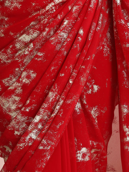 Dhiyona ST Red Georgette Saree with Gold Print & Blouse Fabric