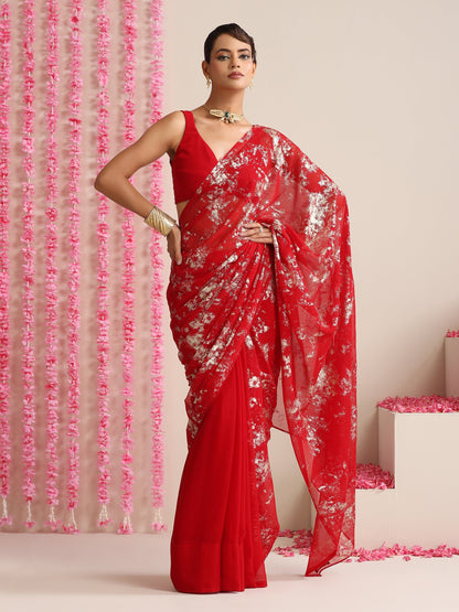 Dhiyona ST Red Georgette Saree with Gold Print & Blouse Fabric
