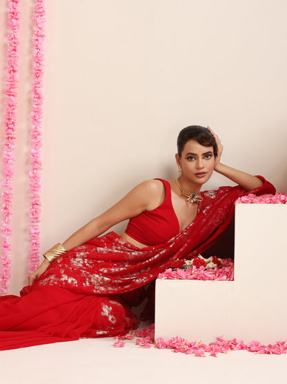 Dhiyona ST Red Georgette Saree with Gold Print & Blouse Fabric