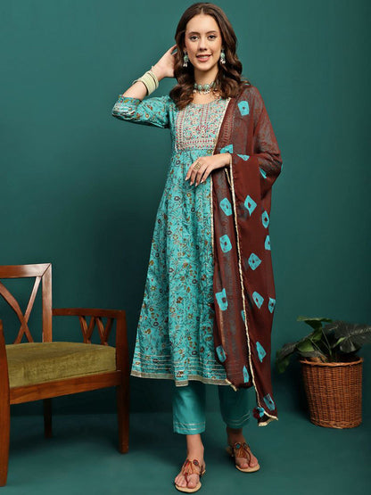 Turquoise Blue Floral Printed Pure Cotton Anarkali Kurta With Trouser & Dupatta