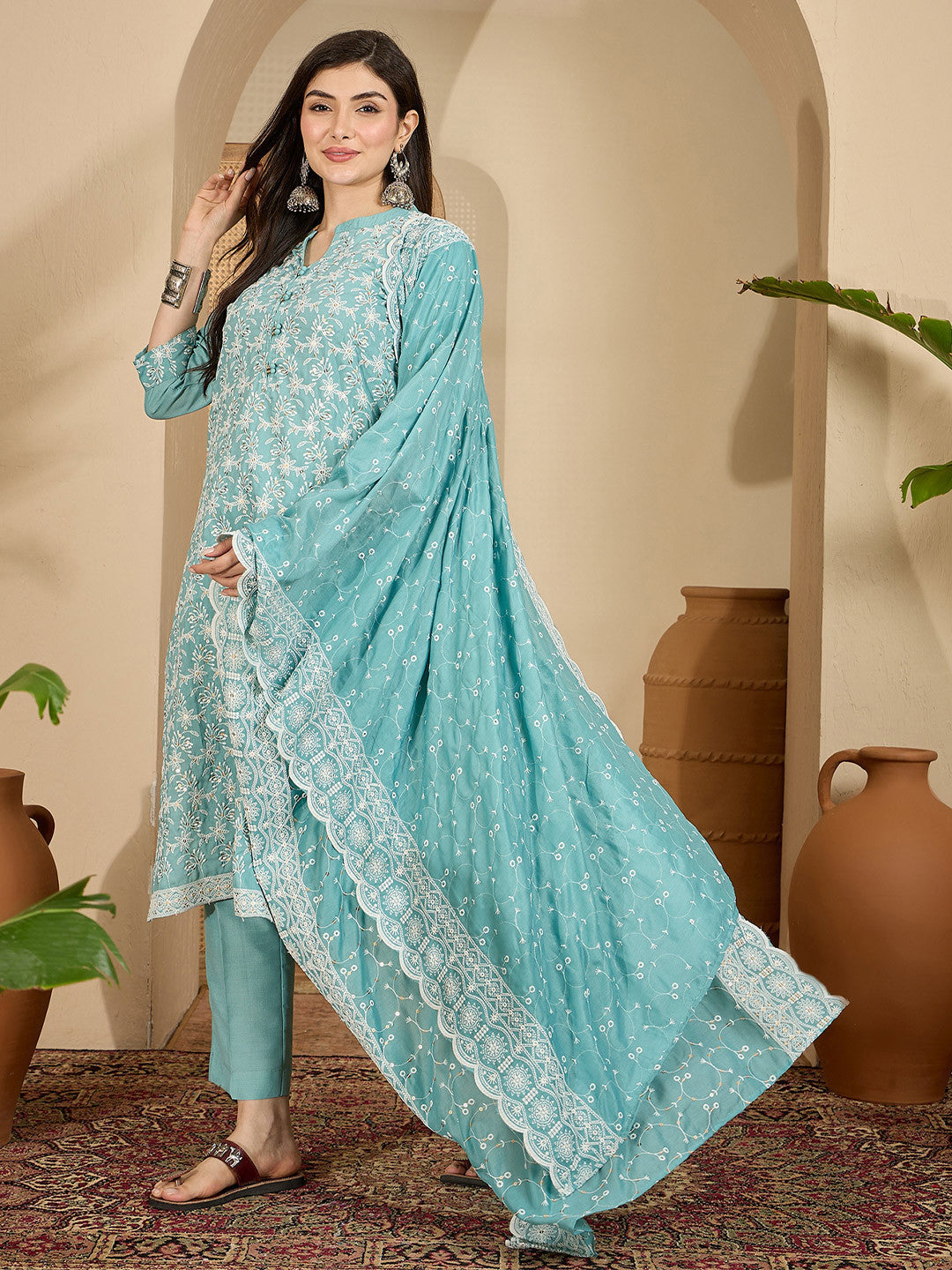 Women Ethnic Motifs Embroidered Thread Work Kurta with Trousers & Dupatta