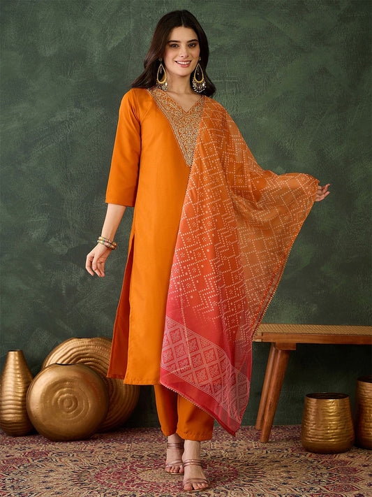 Dhiyona KL Women Ethnic Motifs Embroidered Regular Kurta with Trousers & With Dupatta
