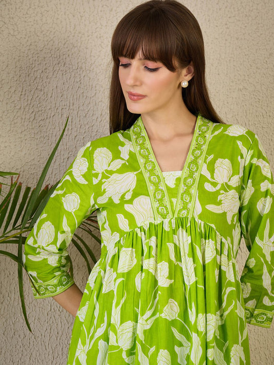 Dhiyona IE Printed V-Neck Pure Cotton Tunic With Trouser