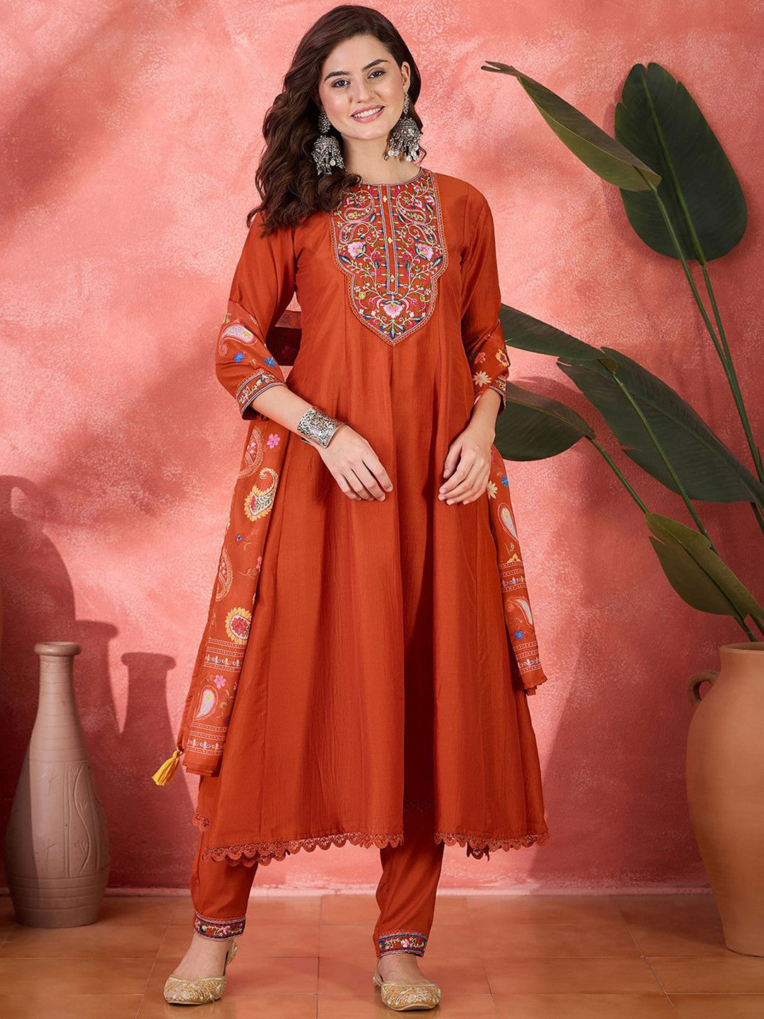 Floral Yoke Design Panelled Thread Work Anarkali Kurta With Trouser & Dupatta