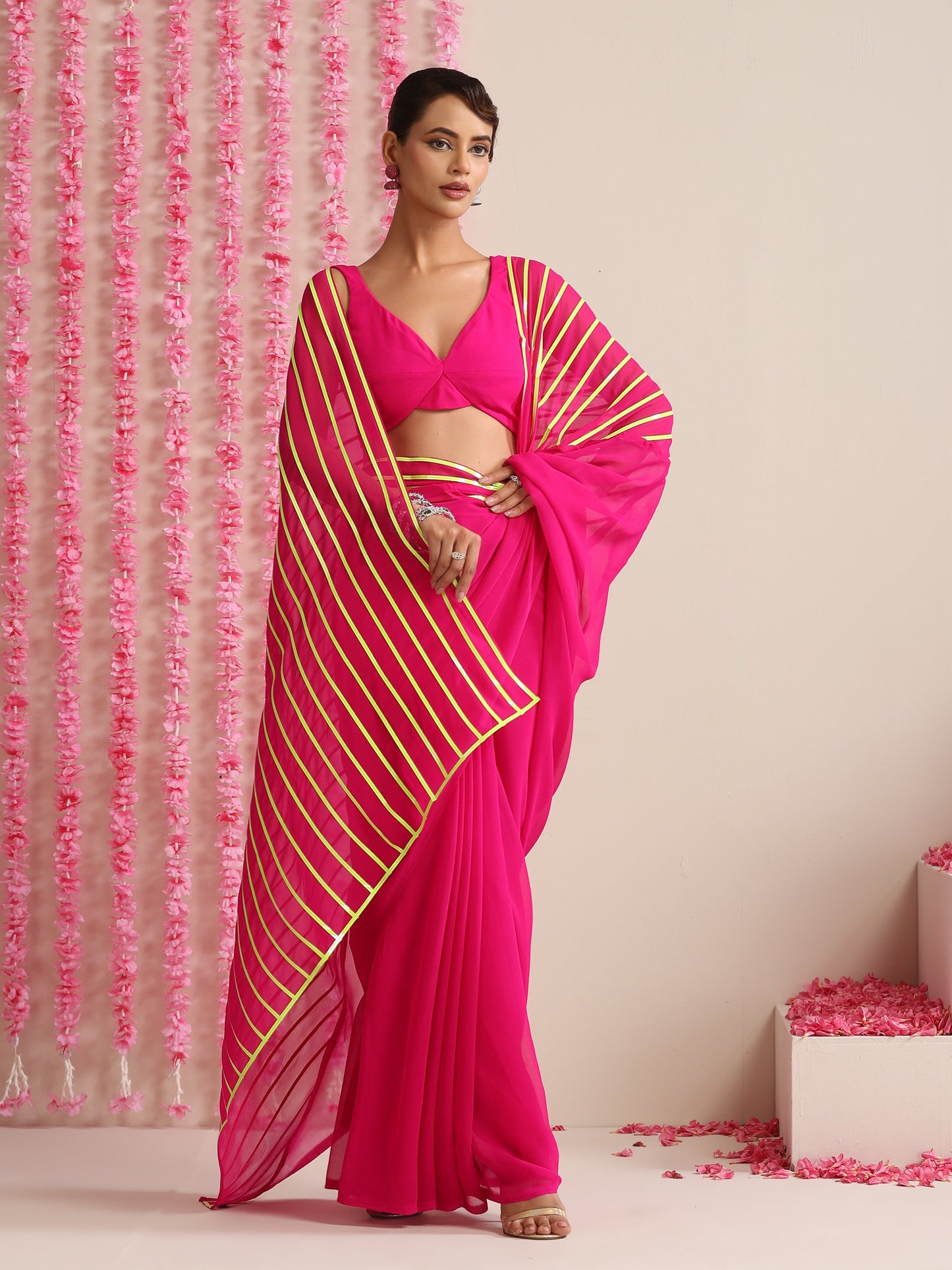 Dhiyona ST Pink and Dual Neon Green Pink Impression Georgette Saree with Blouse Fabric