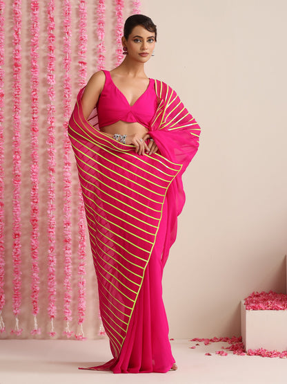 Dhiyona ST Pink and Dual Neon Green Pink Impression Georgette Saree with Blouse Fabric