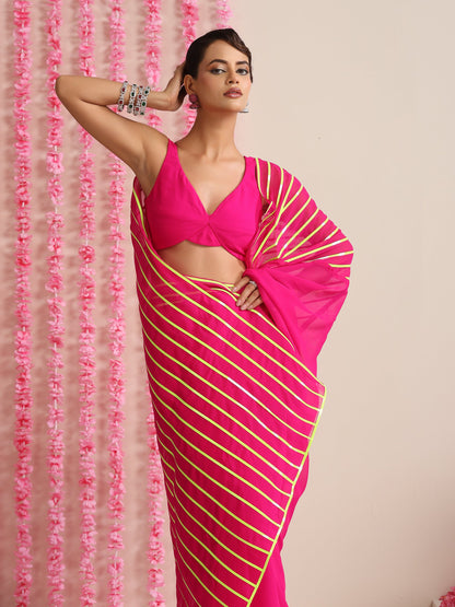 Dhiyona ST Pink and Dual Neon Green Pink Impression Georgette Saree with Blouse Fabric