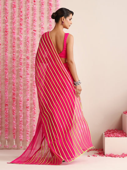 Dhiyona ST Pink and Dual Neon Green Pink Impression Georgette Saree with Blouse Fabric