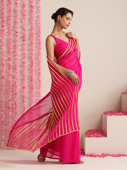 Dhiyona ST Pink and Dual Neon Green Pink Impression Georgette Saree with Blouse Fabric