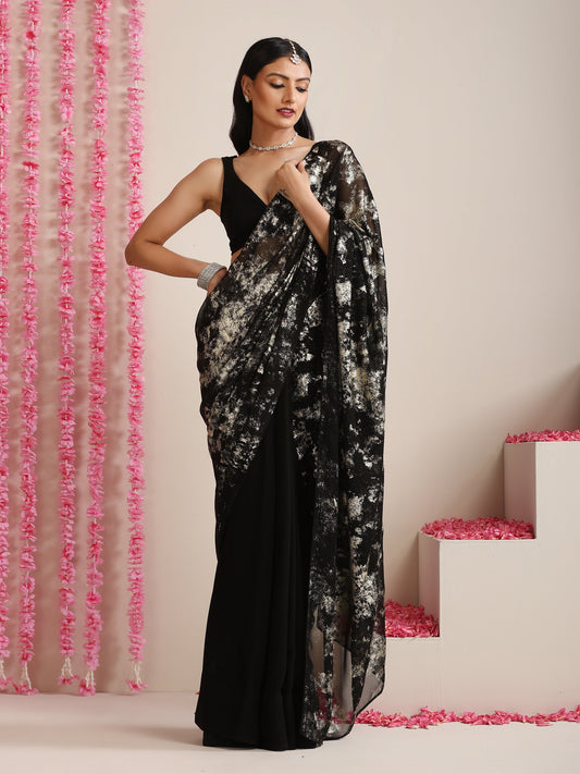 Dhiyona ST Black Georgette Saree with Gold Print & Blouse Fabric
