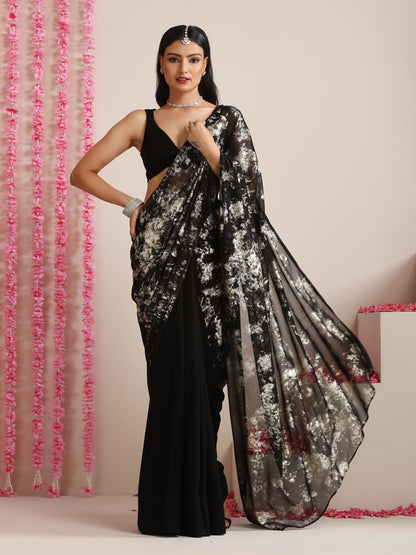 Dhiyona ST Black Georgette Saree with Gold Print & Blouse Fabric