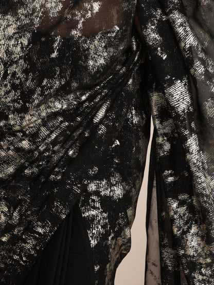 Dhiyona ST Black Georgette Saree with Gold Print & Blouse Fabric