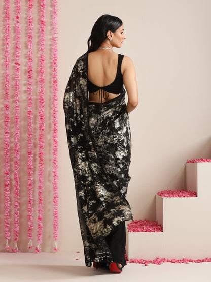 Dhiyona ST Black Georgette Saree with Gold Print & Blouse Fabric