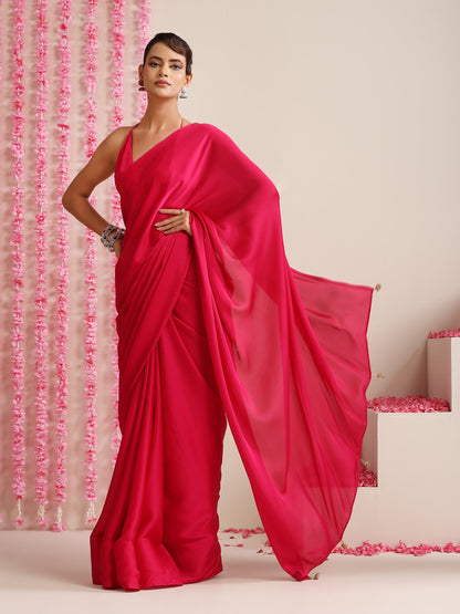 Dhiyona ST Fuchsia Solid Satin Saree with Pendants & Blouse Fabric