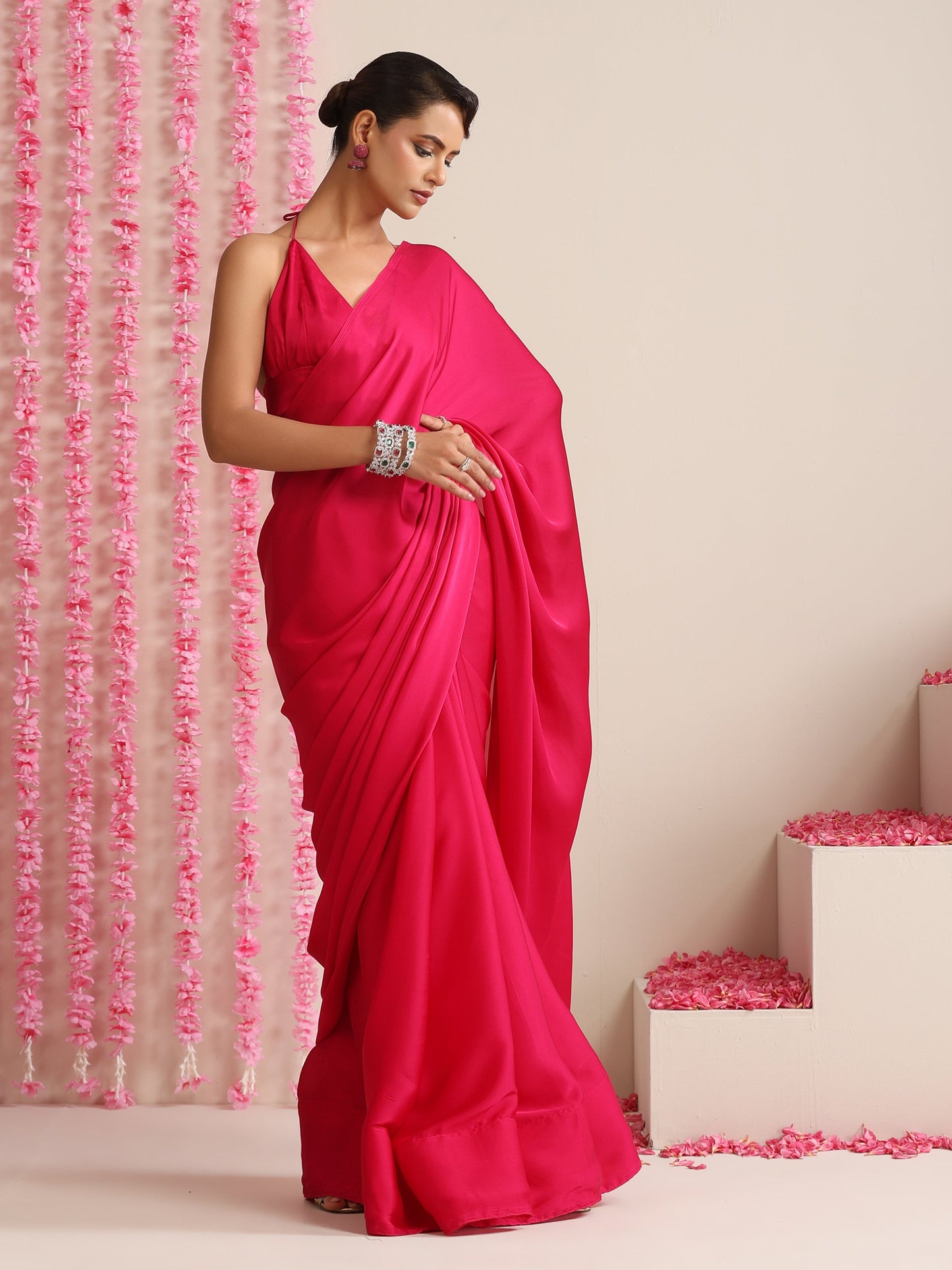Dhiyona ST Fuchsia Solid Satin Saree with Pendants & Blouse Fabric