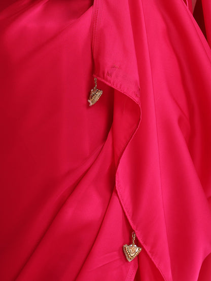 Dhiyona ST Fuchsia Solid Satin Saree with Pendants & Blouse Fabric