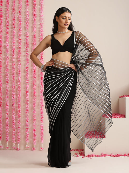 Dhiyona ST Black and Silver Impression Georgette Saree with Blouse Fabric