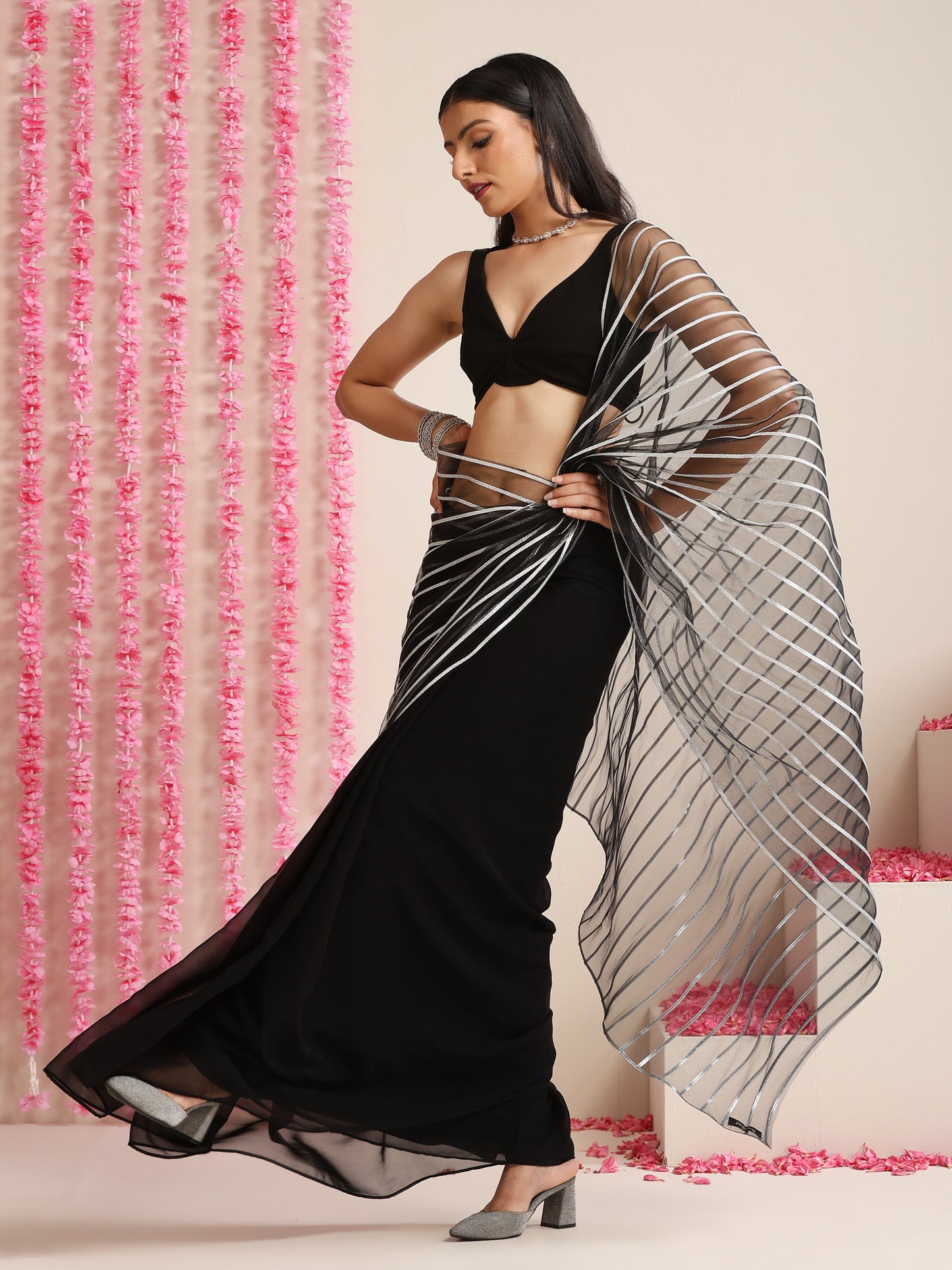 Dhiyona ST Black and Silver Impression Georgette Saree with Blouse Fabric