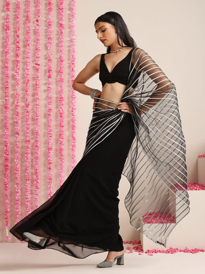 Dhiyona ST Black and Silver Impression Georgette Saree with Blouse Fabric