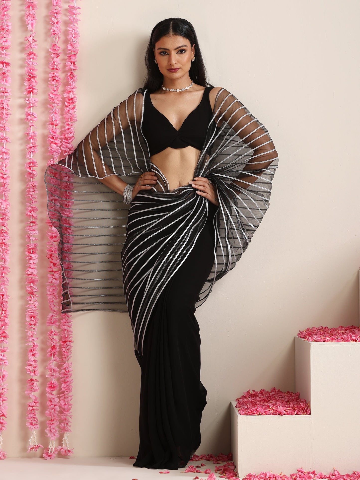 Dhiyona ST Black and Silver Impression Georgette Saree with Blouse Fabric
