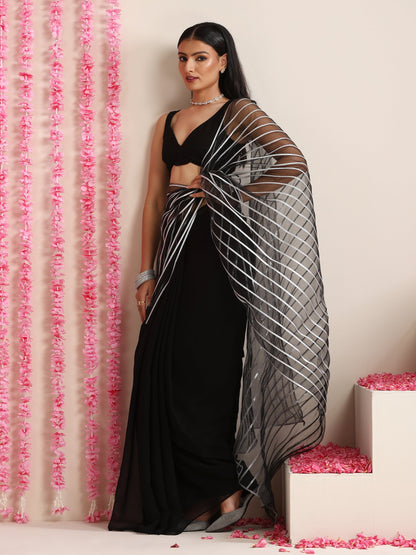 Dhiyona ST Black and Silver Impression Georgette Saree with Blouse Fabric