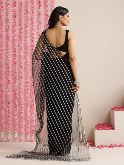 Dhiyona ST Black and Silver Impression Georgette Saree with Blouse Fabric