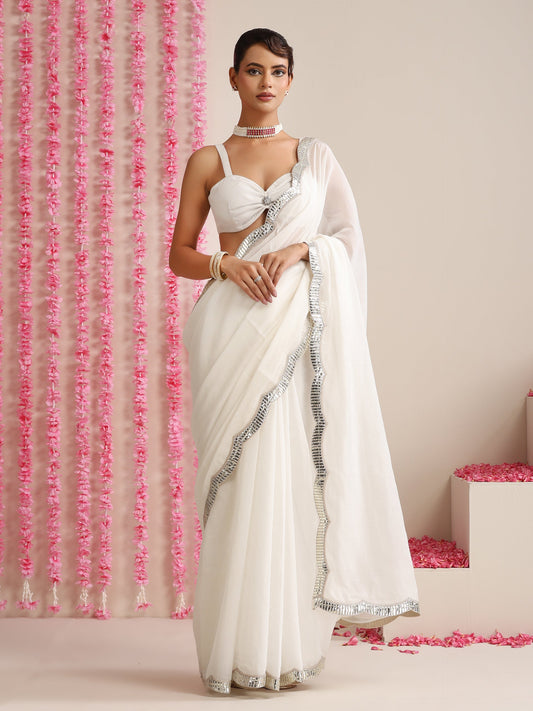 Dhiyona ST White Cotton Chanderi Saree with Gold Border and Self Blouse Fabric