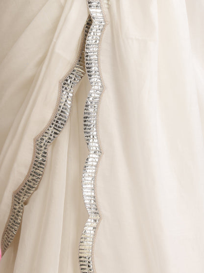 Dhiyona ST White Cotton Chanderi Saree with Gold Border and Self Blouse Fabric