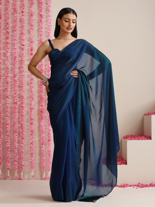 Dhiyona ST Peacock Dual Shade Dark Blue Metallic Satin Saree with Tassels & Matching Blouse Fabric