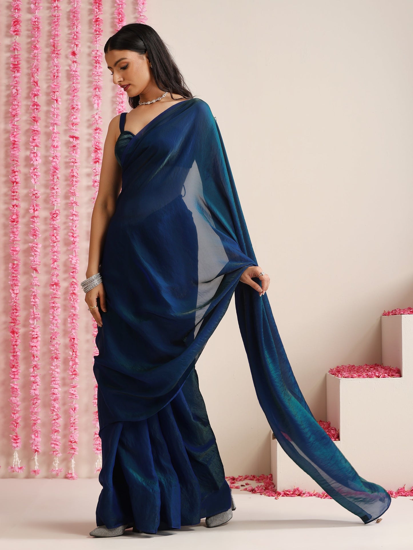Dhiyona ST Peacock Dual Shade Dark Blue Metallic Satin Saree with Tassels & Matching Blouse Fabric